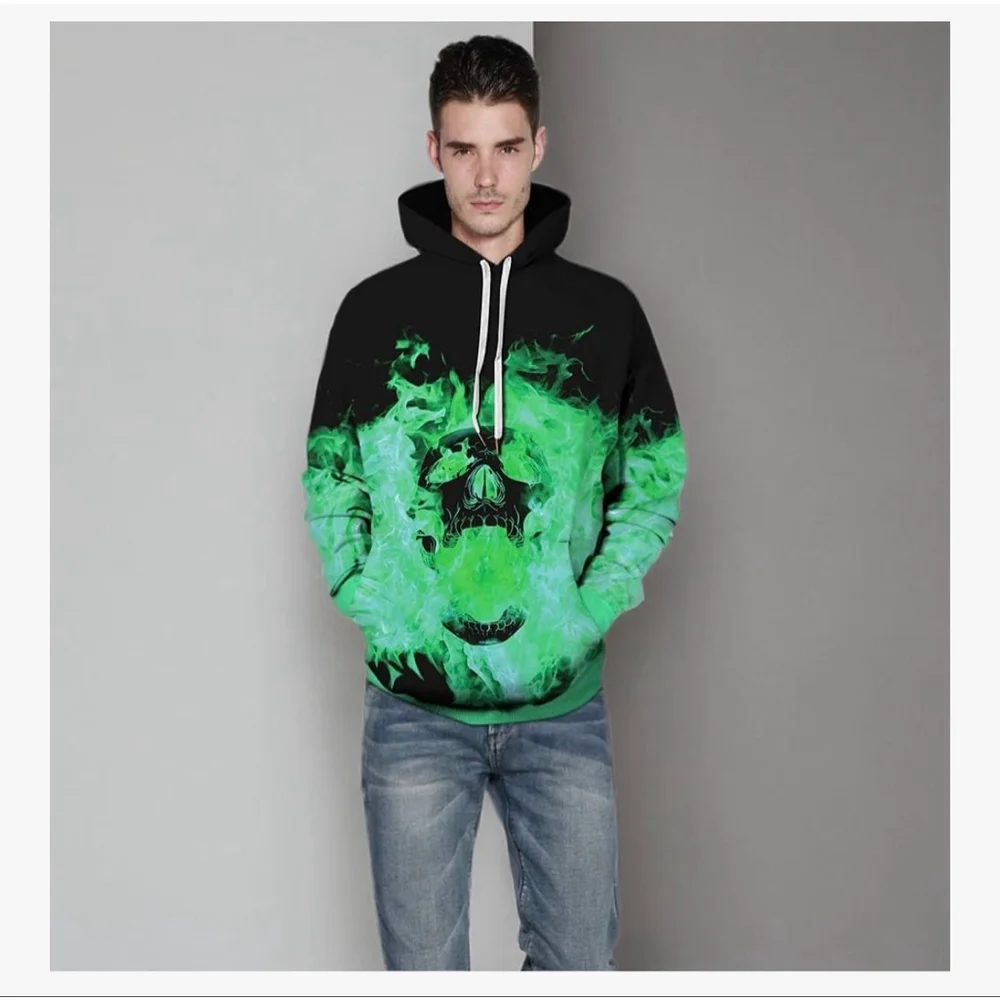 Men's OWMMIZ Black & Green Flame Skull Hoodie S - Picture 8 of 8